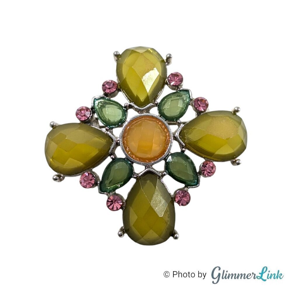 Green Pink Maltese Cross Rhinestone Silver Tone Brooch